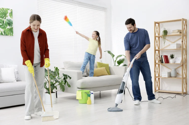 Two adults and a child cleaning a white living room together